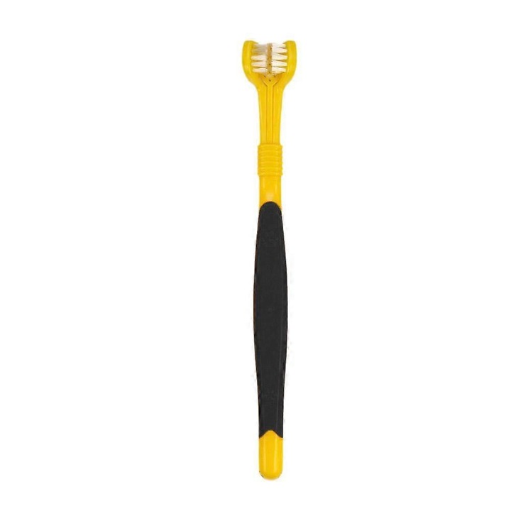 Periuta/perie dinti pentru animale, trei capete, peri moi, maner ergonomic, potrivita pentru caini si pisici, plastic si nailon, negru/galben, 1 buc, 174x22x15 mm