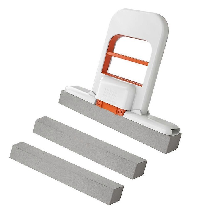 Mini mop pliabil desktop, stergator de birou din ABS cu cap din bumbac, cu burete si sistem de stoarcere cu o singura mana, absorbant, Alb, 1 buc, 15x13 cm