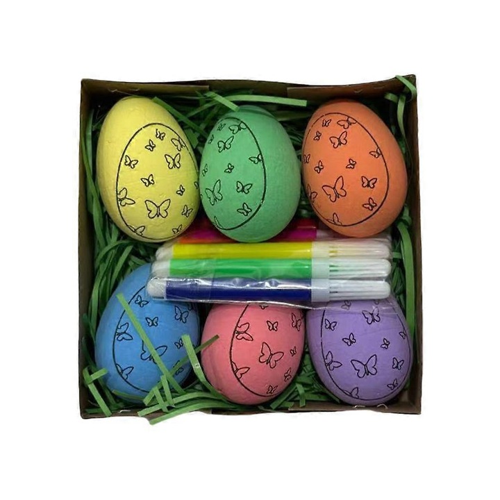 Kit de colorat oua de paste, set creativ cu oua din spuma pre-printate, markere colorate incluse, cutie carton cu fereastra pvc, multicolor, 6 bucati