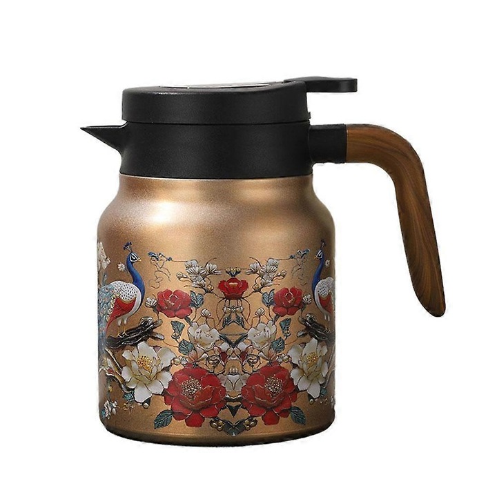 Ceainic termoizolat / termos din otel inoxidabil, cu infuzor, auriu cu imprimeu floral, 1000ml