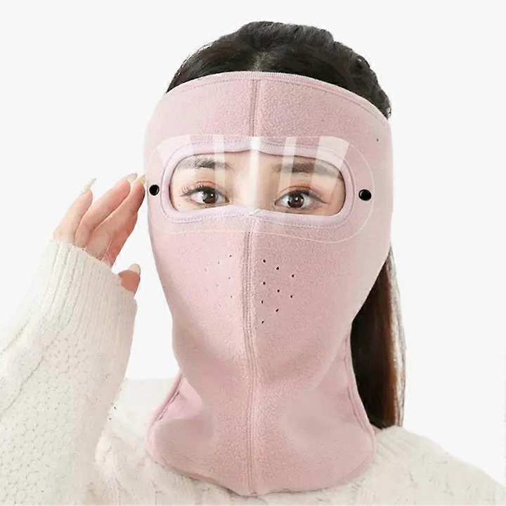 Masca termica full-face din fleece Aurora ingrosat, cu viziera transparenta antiaburire si protectie pentru gat si urechi, Roz