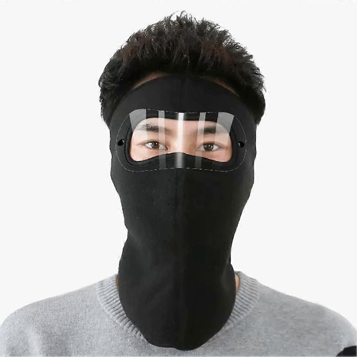 Masca/balaclava full-face din fleece Aurora, grosita, cu viziera transparenta antiaburire si protectie pentru gat si urechi, Negru, Marime unica