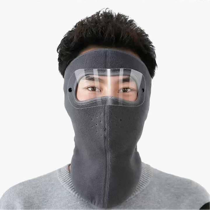 Cagula fata completa din fleece Aurora, cu viziera transparenta antiaburire si protectie pentru gat si urechi, Gri, Unica