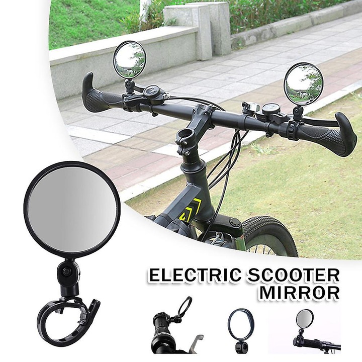 Oglinda retrovizoare/retrovisor universal flexibil pentru trotineta si bicicleta, cu oglinda convexa 5.3 cm, montare cu clema pentru ghidon 3-5 cm, din ABS, negru, 2 bucati