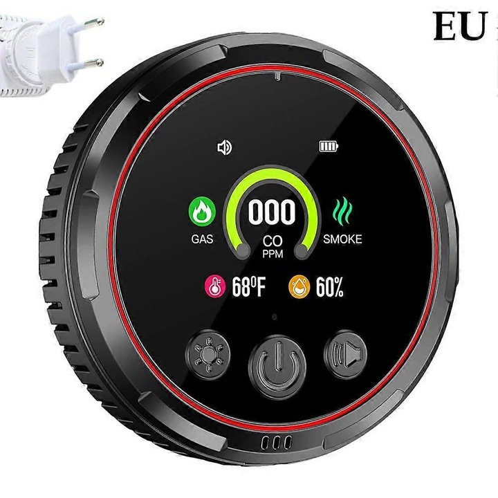 Detector combinat 5 in 1 EU, alarma CO si fum, ecran TFT color cu afisaj CO/temperatura/umiditate, senzori electrochimic CO si fotoelectric, plug-in cu baterie 1000mAh, Negru