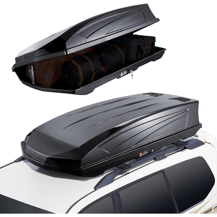 VEVOR – Cutie portbagaj de plafon auto (Roof Box) cu capacitate de 488 L, cutie de depozitare tip hard shell din ABS, montata pe barele de plafon, cu deschidere pe ambele parti si 2 chingi ranforsate, cutie pentru bagaje destinata SUV-urilor, negru