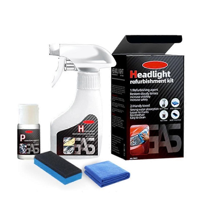 Lichid restaurare faruri auto set 180ml+10ml cu burete si carpa