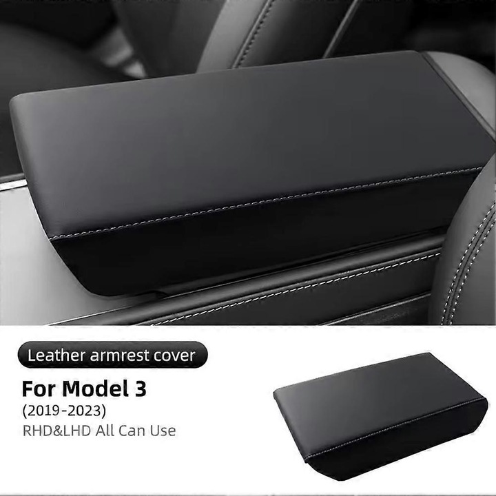 Husa cotiera centrala pentru Tesla Model 3 (2019-2023) si Model Y (2019-2024), din TPE/ABS si piele, cu cusaturi albe, Negru cu linii albe, 1 buc