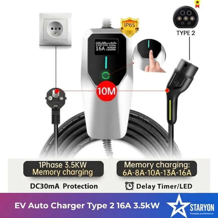 Incarcator Portabil Masina Electrica EV Auto Type 2 16A 3.5kW 230V Monofazic, Cablu 10m, Reglaj Curent 6A 8A 10A 13A 16A, Ecran LCD, Programare Incarcare, Protectie IP65, Functionare -30°C~+50°C, Compatibil Tesla, BMW, VW, Hyundai, Kia