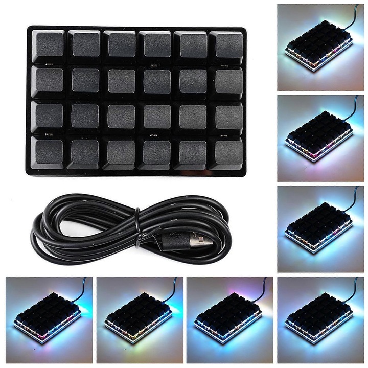 Keypad/tastatura macro programabil 24 butoane, programabil pe buton, stocare interna onboard, iluminare RGB, plug-and-play USB, compatibil cu windows/linux/macos/android/raspberry pi, Negru, 1 buc