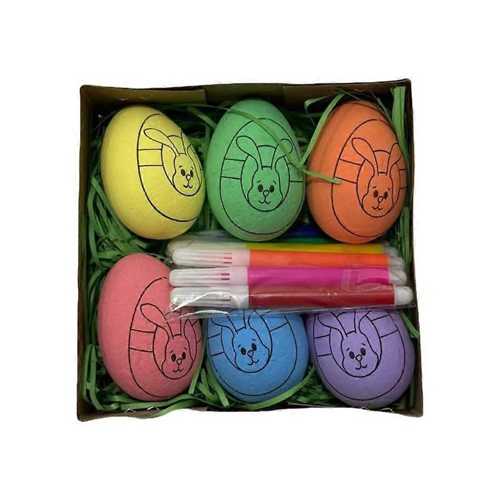 Set creativ pentru colorare oua de paste, oua din burete preimprimate, markere colorate incluse, cutie carton cu fereastra PVC, multicolor, 1 set (6 oua)