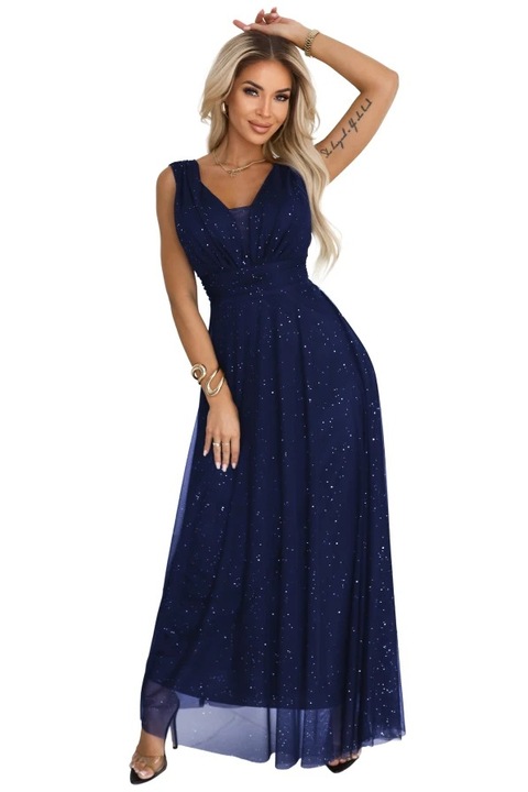 Rochie Numoco eleganta lunga, brocard, vaporoasa, Bleumarin, One Size