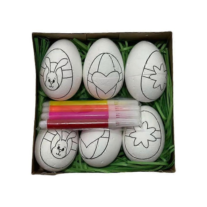 Set pentru colorat oua de Paste, oua din spuma preprintate, markere colorate incluse, ambalaj cutie cu fereastra PVC, multicolor, 6 oua, 13x4.5x13 cm