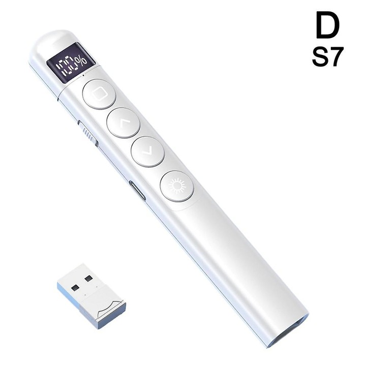 Telecomanda prezentare S7 incarcabila, 2.4G wireless, distanta pana la 200 m, compatibil Windows/Mac/Linux/Android, autonomie pana la 72h, ABS cu magnet, cu receiver USB si cablu Type-C, Alb