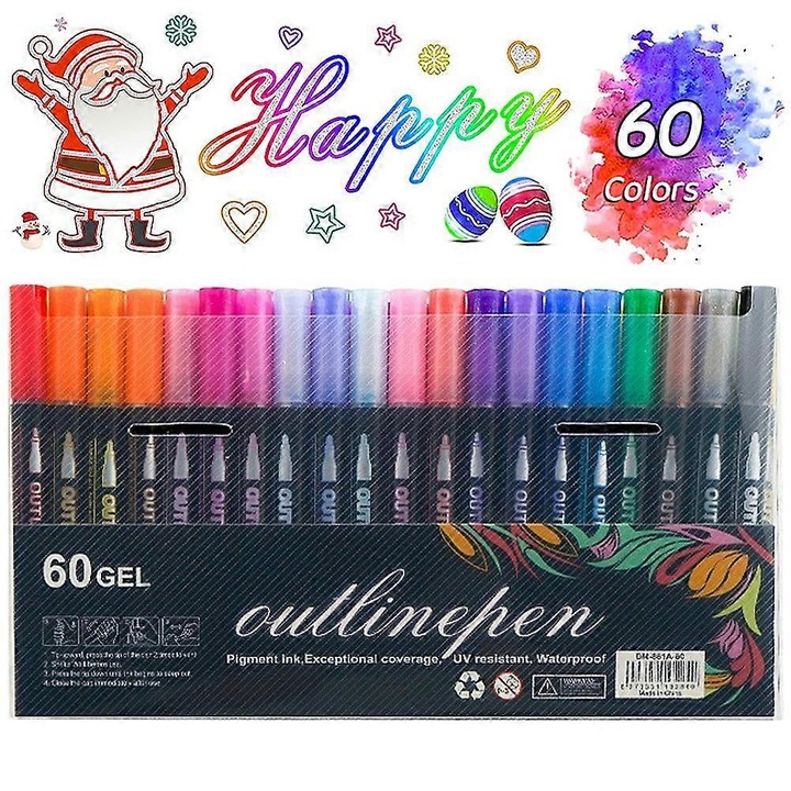Set 60 markere contur dual linie metalic multicolor 13.2x1.1cm
