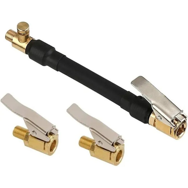 Set 3 bucati, Adaptor valve pneu, furtun extensie cu mandrina cu eliberare rapida, 2 adaptoare levier din alama filetate, negru/auriu