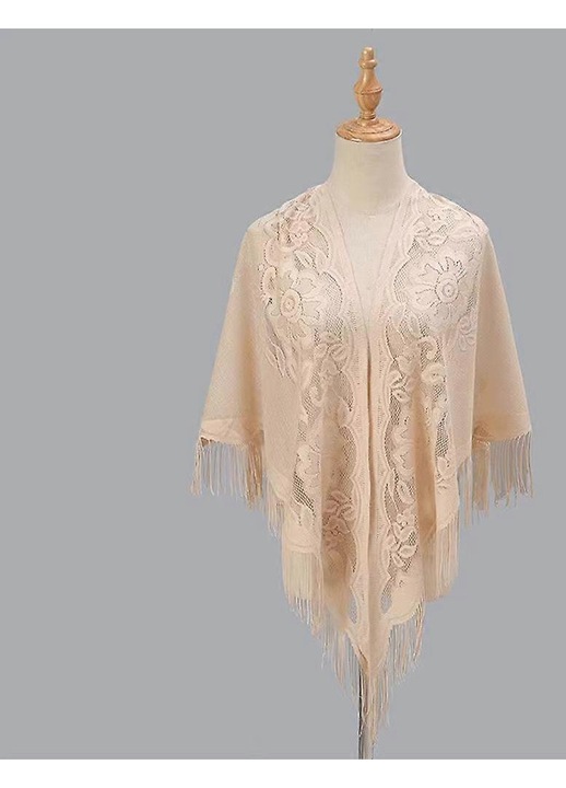 Sal/poncho din poliester cu dantela si franjuri, 180x70 cm, bej, marime unica