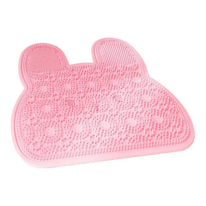 Covoras de masaj pentru picioare, covoras de baie Iepuras din silicon, cu peri exfolianti, cu ventuze antiderapante si agatare pe perete, Roz, 1 buc