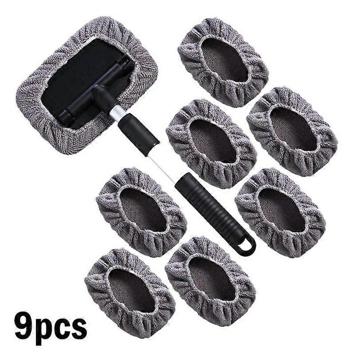 Perie/racleta pentru curatat geamuri auto retractabila, cap rotativ 180°, maner telescopic 22-38 cm, huse microfibra detasabile si lavabile, aluminiu/PP/ABS, negru/gri, Set 1 perie + 8 huse