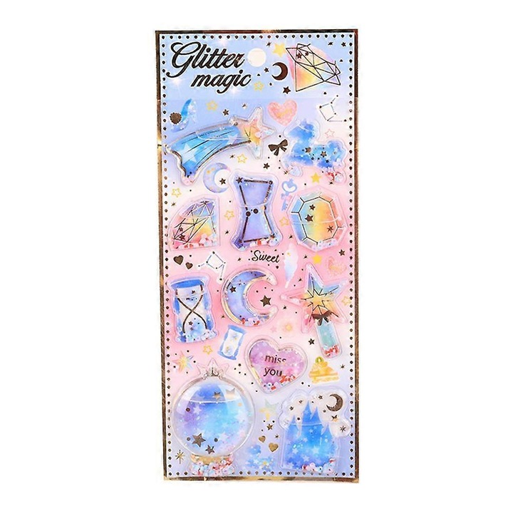 3D Glitter Magic стикери, пълни с течност с ефект на промяна на цвета, самозалепващи се и многократни без остатъци, Многоцветни, 1 бр., 23.5x9 см