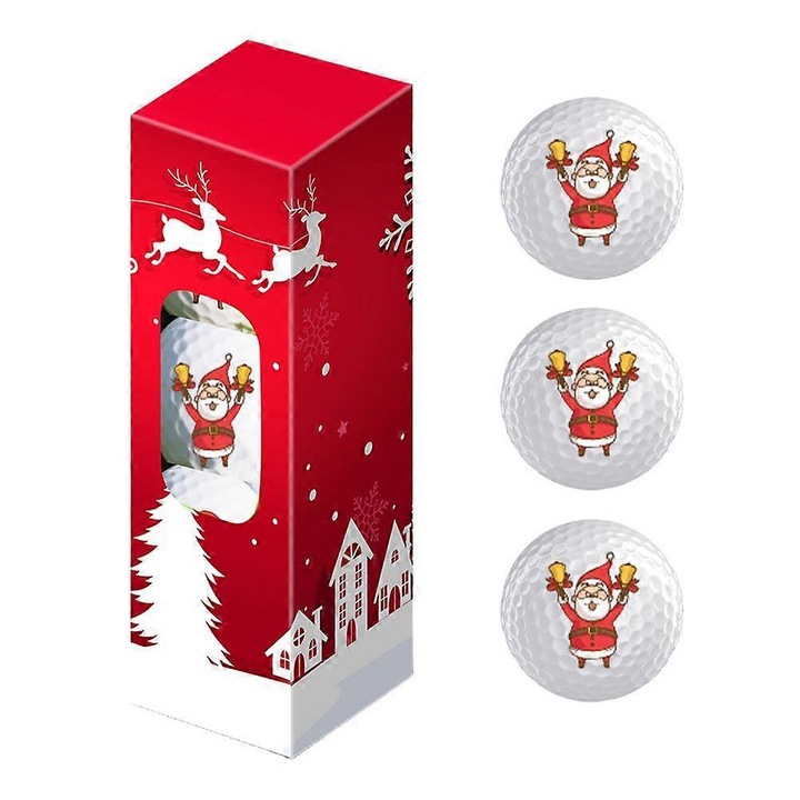 Set 3 Mingi de golf, cu design Mos Craciun, Alb/Rosu, 3 x 4.2 cm