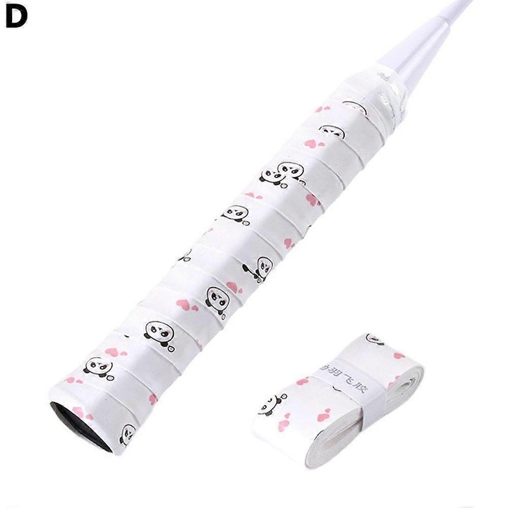 Grip pentru racheta, banda de prindere, material PU, cu imprimeu Panda, anti-alunecare si absorbant de transpiratie, Panda, Alb, 115 cm