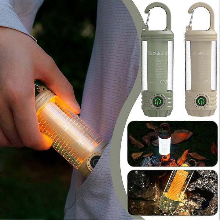 Lanterna LED portabila Camping reincarcabila Type-C 1000 lm, baterie 1200mAh, rezistenta la apa, cu carlig si lumina rosie anti-tantari, verde, 1 buc