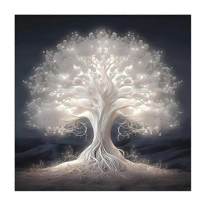 Tablou decorativ Arborele Vietii, pictura handmade pe panza, set pentru pictura cu instructiuni si pensule, alb/gri, 30x30 cm, 1 buc.