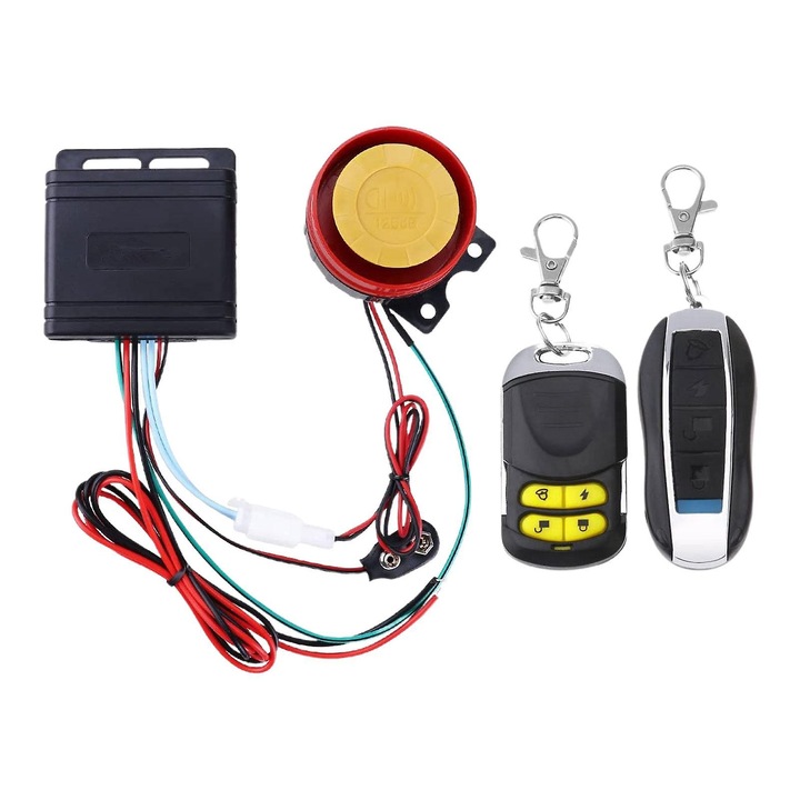 Sistem alarma auto/moto 12V, sirena puternica 125 dB, modul central cu senzor de soc si 2 telecomenzi 315 MHz (distanta 150 m), negru, set complet
