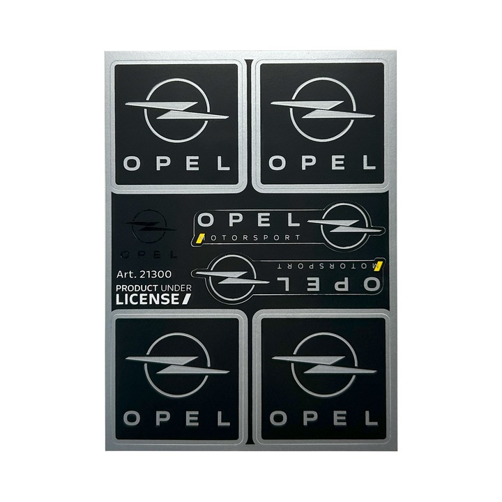 Opel Motorsport hivatalos matrica szett, fekete és króm logó, 94 x 131 mm, 6 matrica