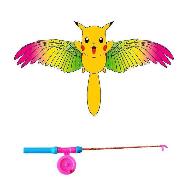 Хвърчило играчка за деца, Pikachu, пластмасово, с дръжка и корда 50 м, 35x20 см, многоцветно, 1 бр