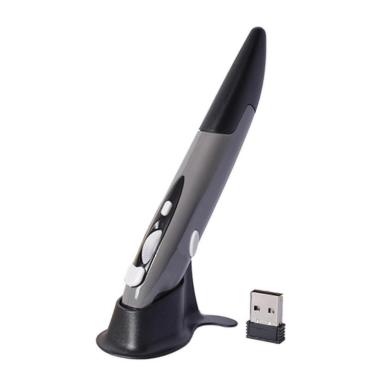 Vezeték nélküli egér toll USB, 4 gomb, szürke, 14x2x1.5cm