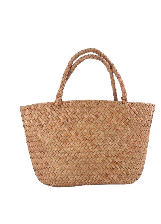Fonott szalma táska/kézitáska, alkalmi tote cipzár nélkül, egyszerű fogantyúval, barna, fogantyú 29 cm / magasság 32 cm (20 cm fogantyú nélkül)