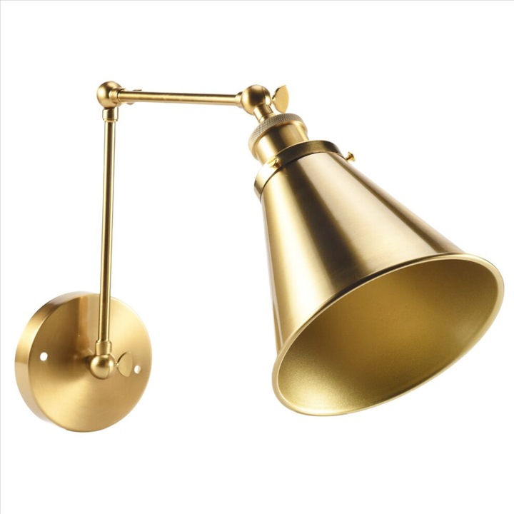 Lampa de perete/aplica, cu brat reglabil in 3 articulatii, abajur conic din metal, soclu E27, max 40W, alama, 1 bucata