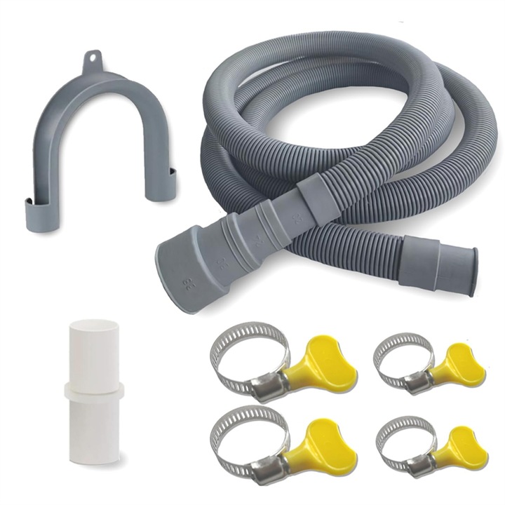 Kit prelungire furtun evacuare masina de spalat universal, furtun prelungitor 2 m din PP, cu 4 adaptoare diametru 0.8/0.9/1.2/1.5 inchi, set 7 piese, Gri