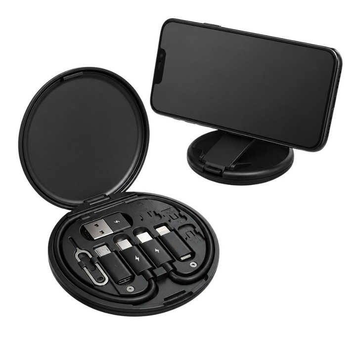 Set Multifunctional 3 in 1 FONIX, cu Cablu Type-C la Type-C, Adaptoare Type-C, USB-A, Micro USB si Lightning, Suport pentru Nano SIM si Micro SIM, Suport pentru Telefon Mobil, Design Compact, Negru