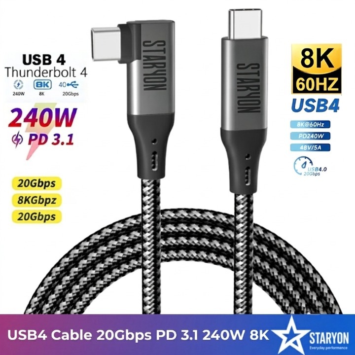 Cablu Date si incarcare USB4 300 cm Thunderbolt 3/4 Staryon, USB-C la USB-C, conector unghi 90 grade, transfer ultra-rapid 20Gbps, incarcare PD 3.1 240W, suport video 8K@60Hz, PD Power 48V/5A, compatibil cu MacBook, SSD, Laptop, Monitor, Docking