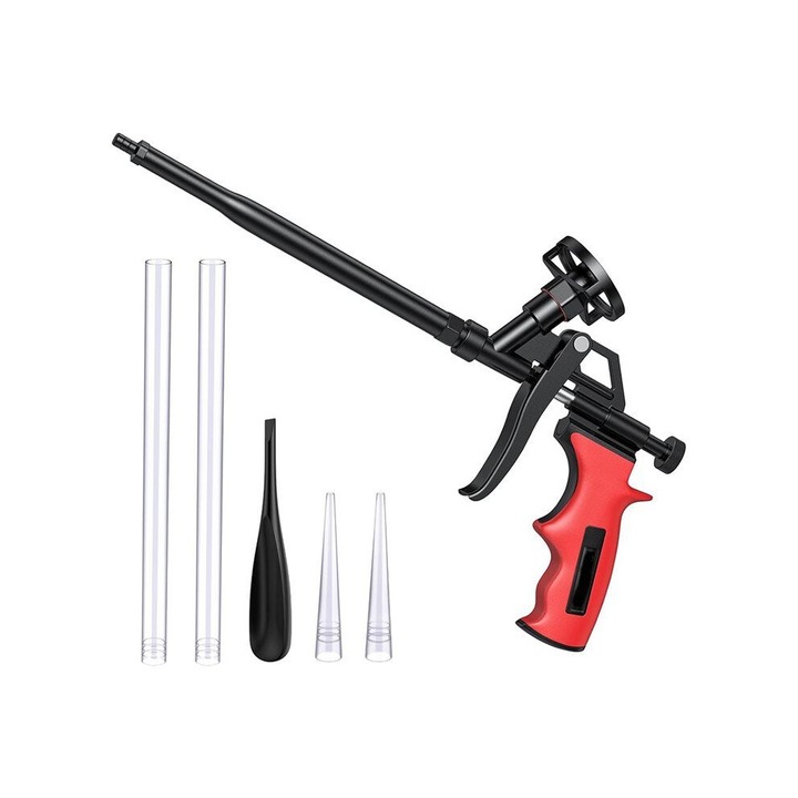 Pistol spuma poliuretanica, metal si plastic, rosu-negru, set 1 buc