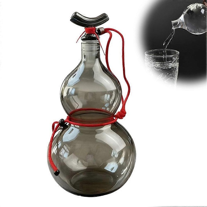 Kalebass típusú palack, boroszilikát üveg, kézzel készített, hőálló -10°C/100°C, hordozható zsinórral, szürke, 570ml