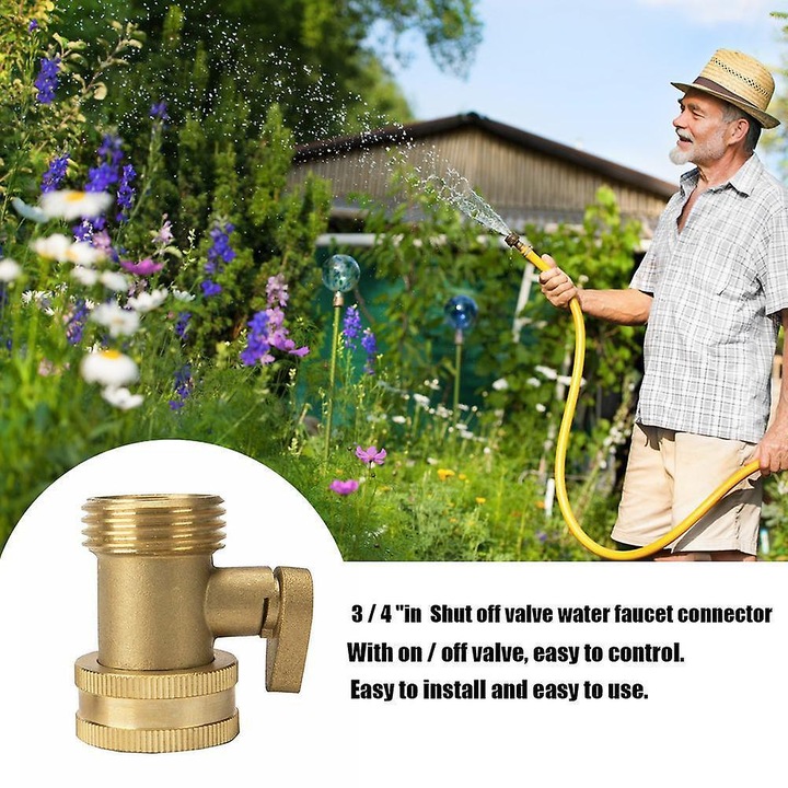Valva de oprire pentru furtun de gradina 3/4\", din alama masiva, cu inchidere on/off si etansare anti-scurgere, auriu, 1 buc