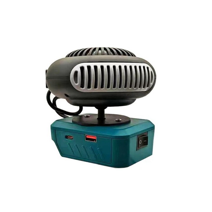 Hordozható fűtőtest / meleg és hideg levegős fúvó, 18V Li-Ion akkumulátorral működik, kettős meleg/hideg üzemmód ventilátorral, USB A és C portok töltéshez, túlmelegedés elleni védelem és 360°-os szabályozás, Többszínű, 1 db