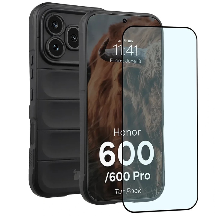 BizonMobile 2 az 1-ben védőkészlet, Bizon Tur tok és Bizon Glass Edge edzett üvegfólia, kompatibilis a Honor 600 / 600 Pro készülékkel, Fekete