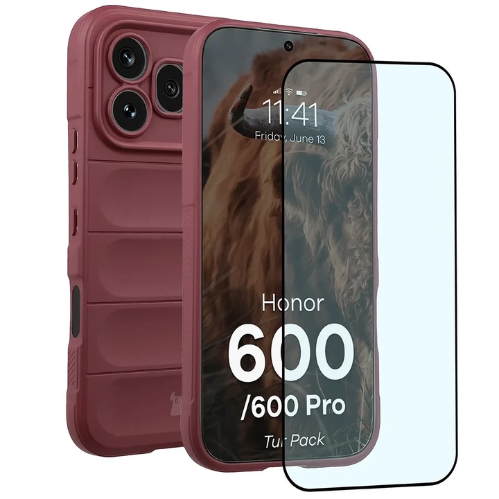 BizonMobile 2 az 1-ben védőcsomag, Bizon Tur tok és Bizon Glass Edge edzett üvegfólia, kompatibilis a Honor 600 / 600 Pro készülékkel, Sötétlila