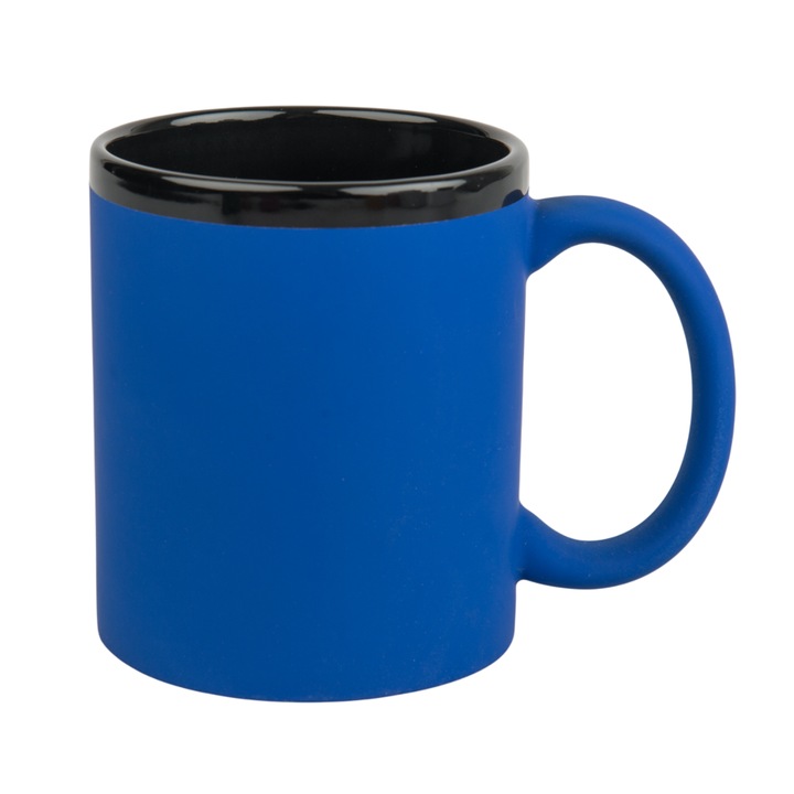 Cana din ceramica cu invelis soft touch, capacitate 330 ml, finisaj mat cu interior si margine negru lucios, Albastru