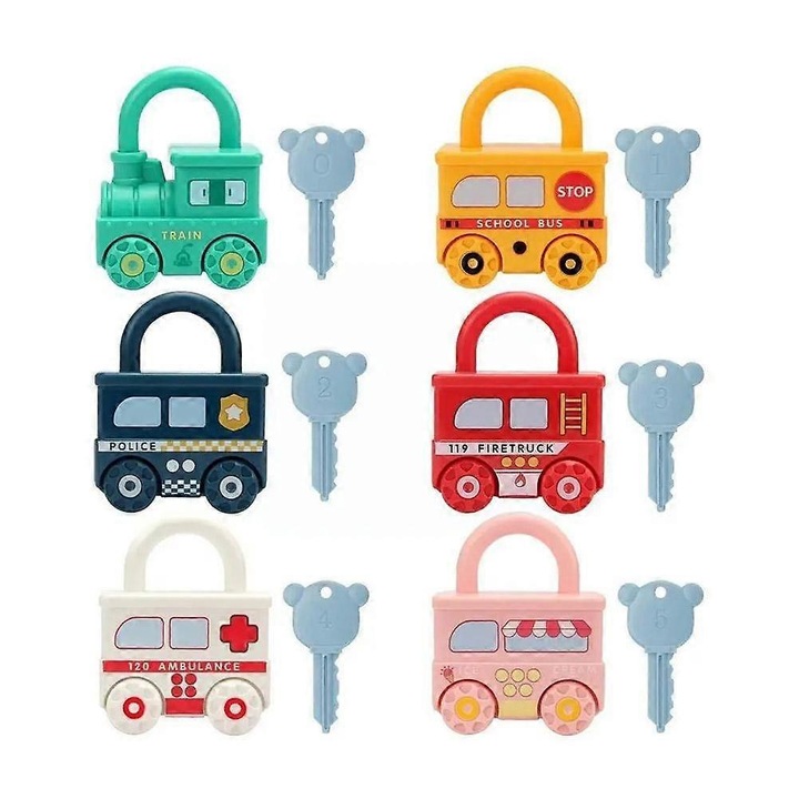 Set 6 incuietori auto educative cu 6 chei, pentru recunoasterea numerelor si coordonare mana-ochi, din plastic sigur, multicolor, 12 piese