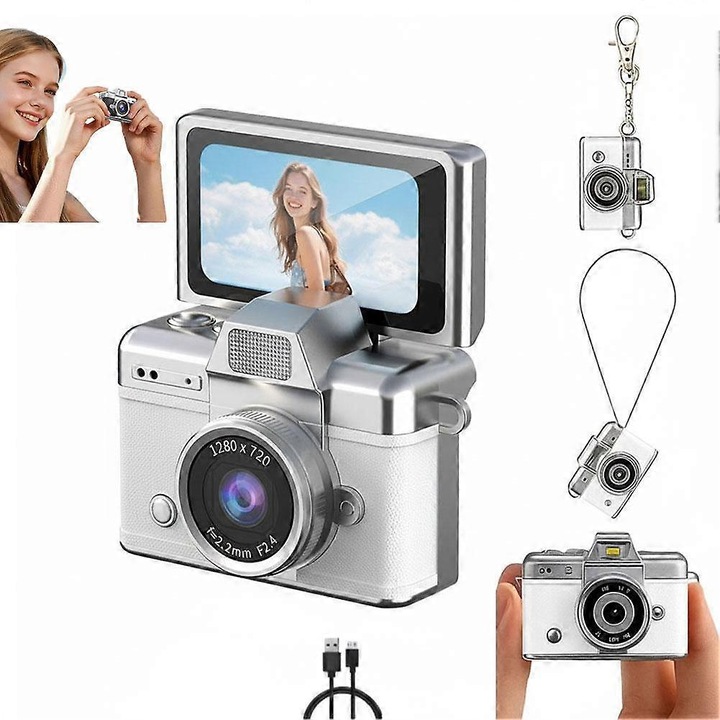Mini camera 720P HD, ecran rabatabil, alb, 1.47 inch, compacta
