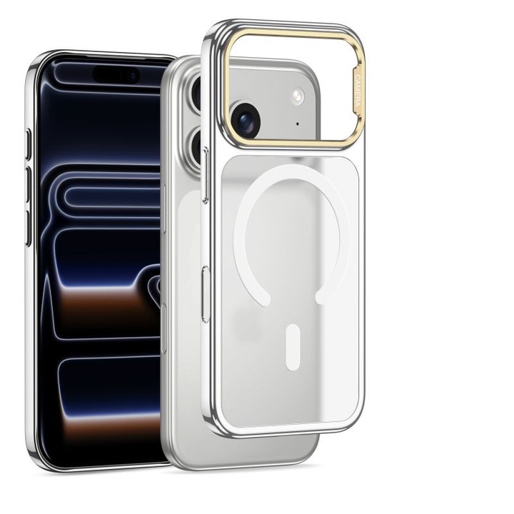 Husa Magnetica Premium pentru iPhone 17 Pro Max, Incarcare Wireless, Rezistenta la soc, Argintiu/Transparent