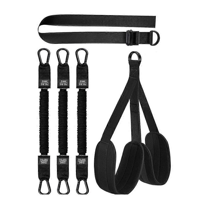 Set benzi elastice pentru tractiuni din latex, 3 trepte 75-225 lbs, pedale duble antiderapante, husa protectoare si curea ajustabila, Negru