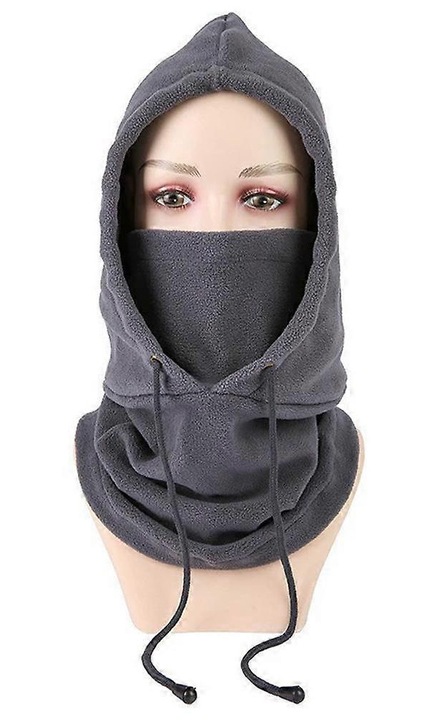 Polár gyapjú balaclava, vastagított, integrált kapucnival és maszkkal, zsinórral állítható, szürke, egy méret