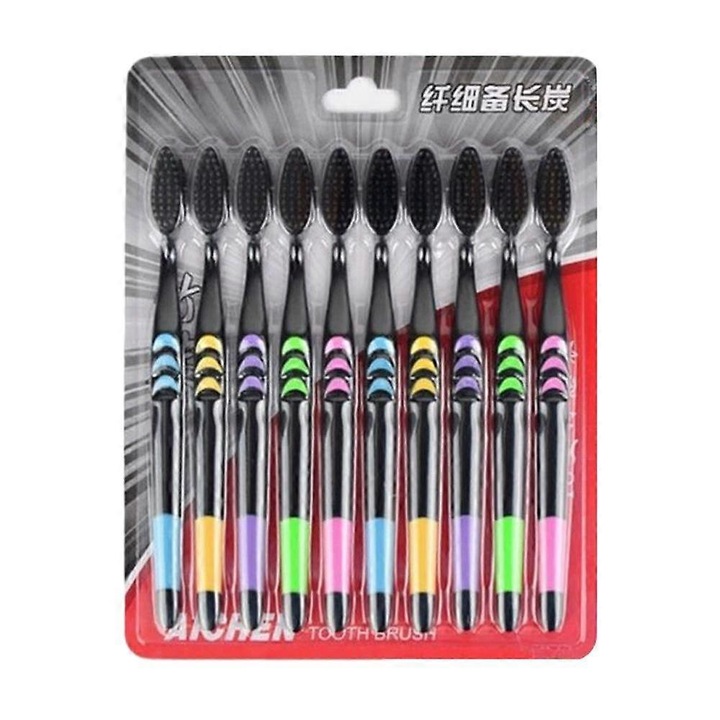 Set periute de dinti/perii Carbune din bambus, peri din carbune activ, maner din bambus biodegradabil, peri moi, Multicolor, 10 bucati